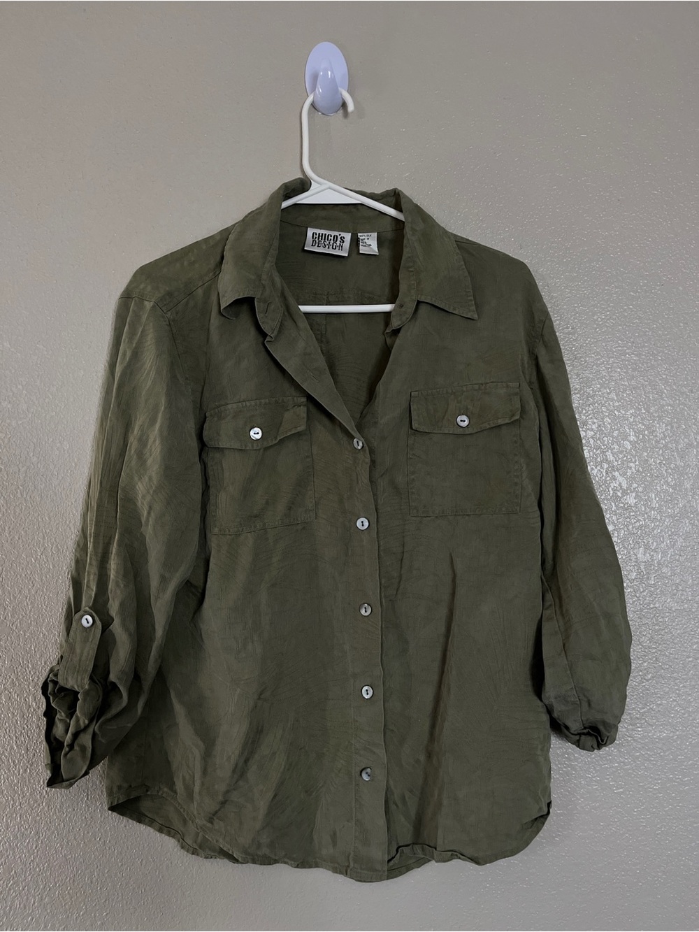 Vintage Chico's 100%silk Olive Green Button-Down Shirt Jacket
